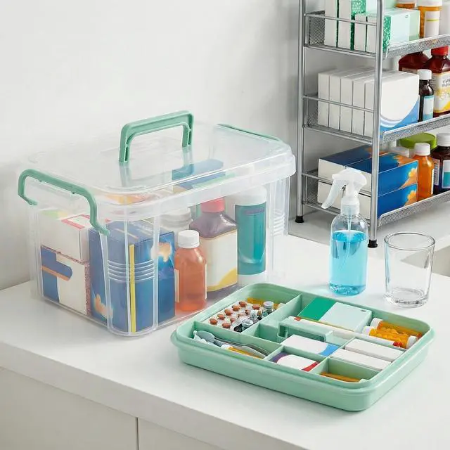 Alt view image 6 of 7 - 15QT Clear Medicine Organizer Box with Handle, Plastic Medicine Container with Detachable Tray, Portable First Aid Bin Empty, Multipurpose Medical Storage Case for Home, Craft Supplies, Green