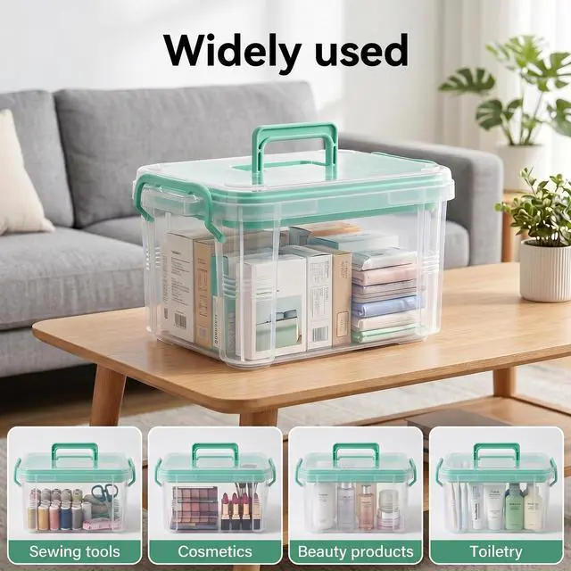 Alt view image 7 of 7 - 15QT Clear Medicine Organizer Box with Handle, Plastic Medicine Container with Detachable Tray, Portable First Aid Bin Empty, Multipurpose Medical Storage Case for Home, Craft Supplies, Green