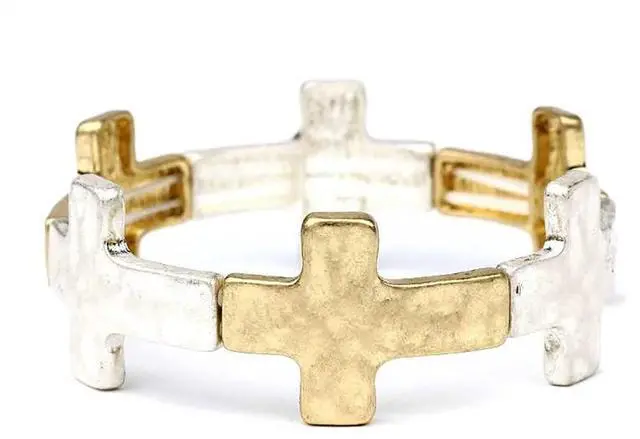 Main image of Women's Statement Matte Gold And Silver Tones Hammered Cross Charms Stretch Bangle Bracelet, 6.5" (Hammered Cross 2-tone 20mm)