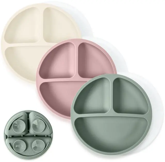 Main image of Suction Plates with Lids for Babies & Toddlers - 100% Silicone, Dinnerware Stays Put, Divided Design for Picky Eaters, Microwave & Dishwasher Friendly, 3 Pack