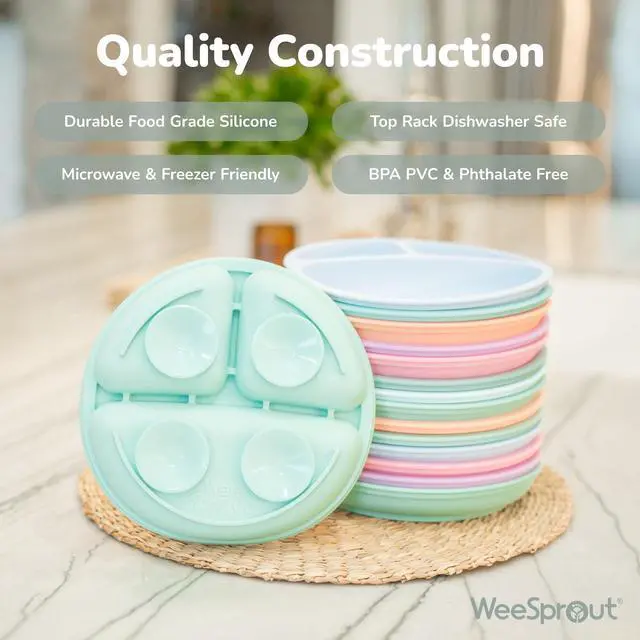 Alt view image 4 of 4 - Suction Plates with Lids for Babies & Toddlers - 100% Silicone, Dinnerware Stays Put, Divided Design for Picky Eaters, Microwave & Dishwasher Friendly, 3 Pack