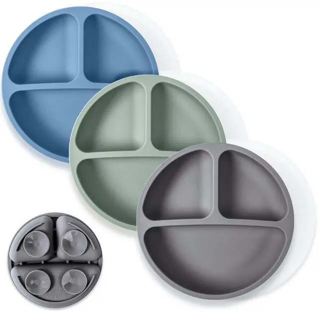 Main image of Suction Plates with Lids for Babies & Toddlers - 100% Silicone, Dinnerware Stays Put, Divided Design for Picky Eaters, Microwave & Dishwasher Friendly, 3 Pack