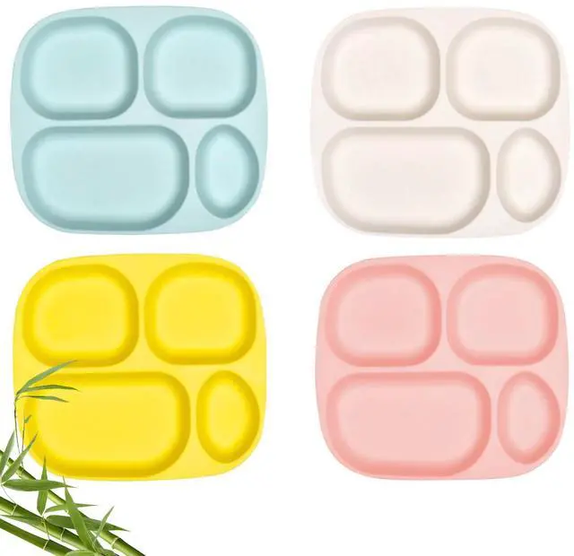 Main image of Bamboo Divided Plates for Kids Adults - Dinnerware Set for Toddlers Kids Children Baby, Toddler Dinner Plates, BPA Free, Stackable, Dishwasher Safe, 9.4 inch, Set of 4