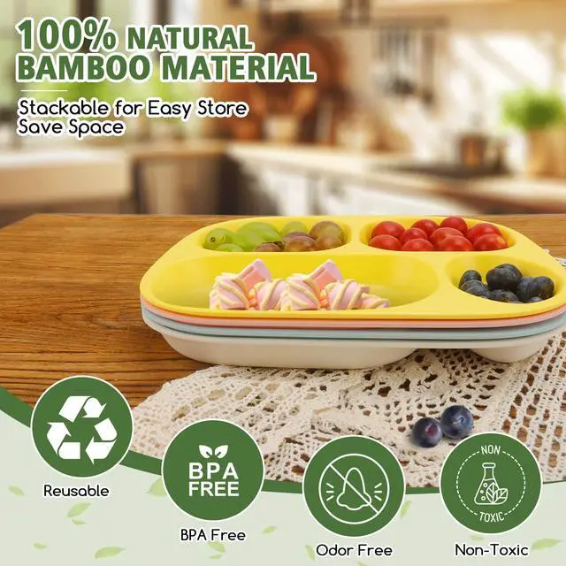 Alt view image 2 of 5 - Bamboo Divided Plates for Kids Adults - Dinnerware Set for Toddlers Kids Children Baby, Toddler Dinner Plates, BPA Free, Stackable, Dishwasher Safe, 9.4 inch, Set of 4