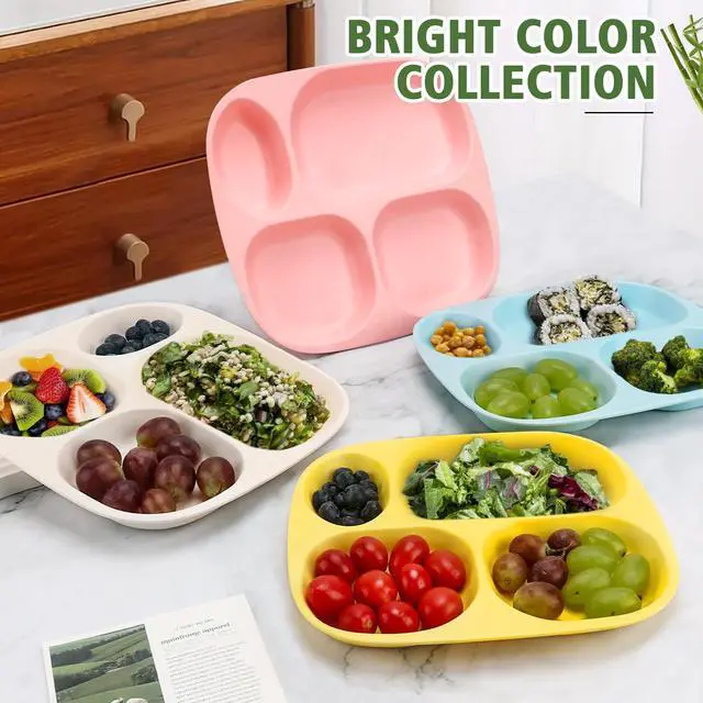 Alt view image 4 of 5 - Bamboo Divided Plates for Kids Adults - Dinnerware Set for Toddlers Kids Children Baby, Toddler Dinner Plates, BPA Free, Stackable, Dishwasher Safe, 9.4 inch, Set of 4