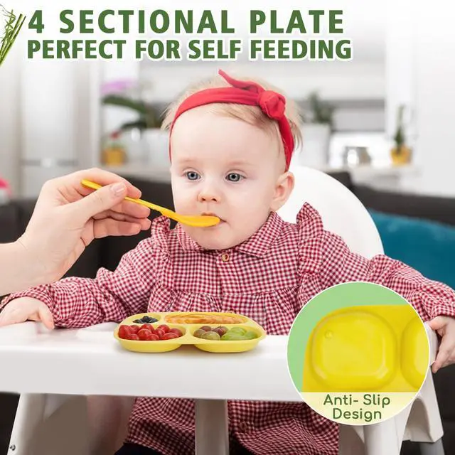Alt view image 5 of 5 - Bamboo Divided Plates for Kids Adults - Dinnerware Set for Toddlers Kids Children Baby, Toddler Dinner Plates, BPA Free, Stackable, Dishwasher Safe, 9.4 inch, Set of 4