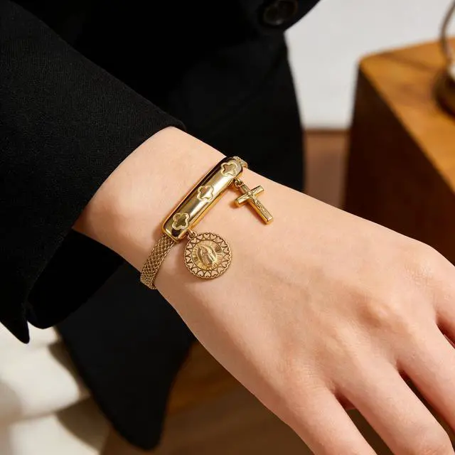 Alt view image 2 of 6 - Women's gold filigree bracelet, 18K gold plated exquisite circular, cross-shaped bracelet, Virgin Mary fashion bracelet, women's jewelry gift set (Gold)