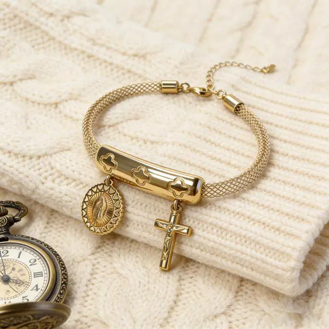 Alt view image 6 of 6 - Women's gold filigree bracelet, 18K gold plated exquisite circular, cross-shaped bracelet, Virgin Mary fashion bracelet, women's jewelry gift set (Gold)