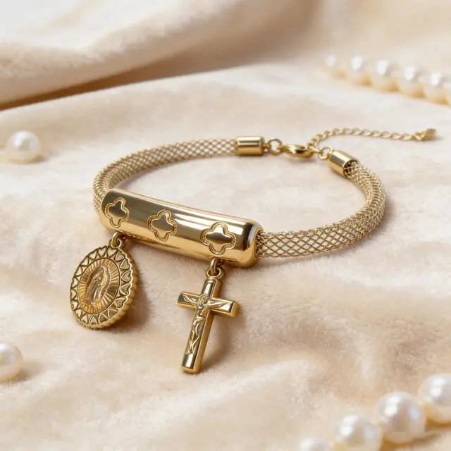 Alt view image 3 of 6 - Women's gold filigree bracelet, 18K gold plated exquisite circular, cross-shaped bracelet, Virgin Mary fashion bracelet, women's jewelry gift set (Gold)