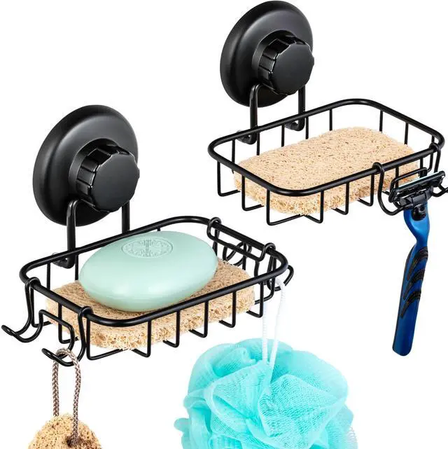 Main image of HASKO 2 Pack Suction Cup Soap Dish for Shower Wall, Rustproof Stainless Steel, Shower Soap Holder with Hooks, Includes Optional No Drill Adhesive Mount for Bathroom, 2 Soap Savers, Black