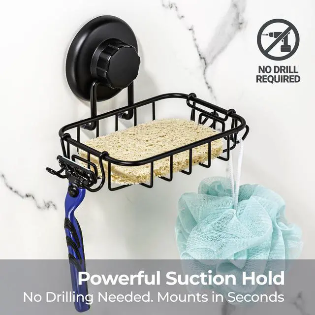 Alt view image 6 of 7 - HASKO 2 Pack Suction Cup Soap Dish for Shower Wall, Rustproof Stainless Steel, Shower Soap Holder with Hooks, Includes Optional No Drill Adhesive Mount for Bathroom, 2 Soap Savers, Black