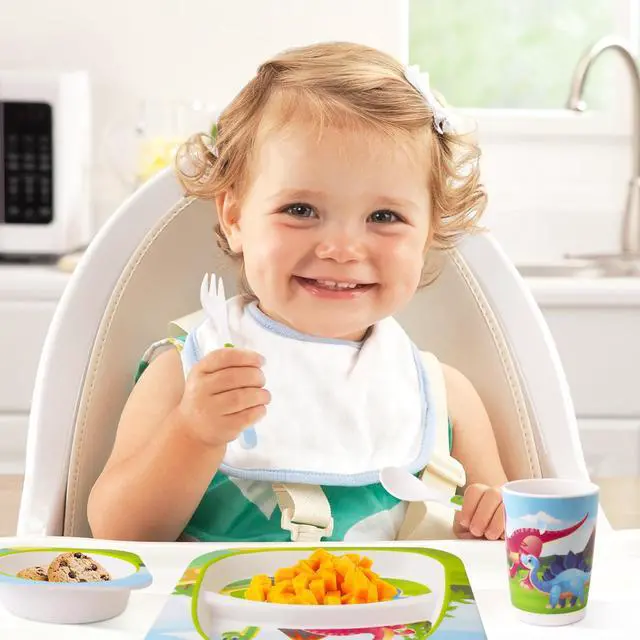 Alt view image 3 of 6 - Bamboo Toddler Dinnerware Set,5Pcs Baby Plates and Bowls,Bamboo Kids Plates and Bowls Set,Kids Dishes Dinnerware Sets with Plate,Bowl,Cup,Fork and Spoon (Tyrannosaurus)