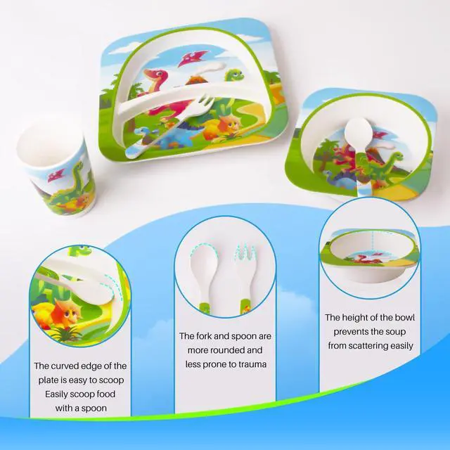 Alt view image 6 of 6 - Bamboo Toddler Dinnerware Set,5Pcs Baby Plates and Bowls,Bamboo Kids Plates and Bowls Set,Kids Dishes Dinnerware Sets with Plate,Bowl,Cup,Fork and Spoon (Tyrannosaurus)