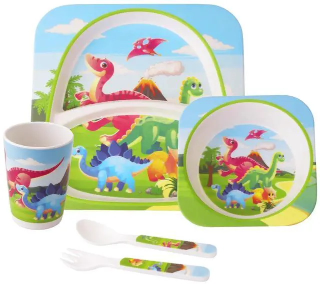 Main image of Bamboo Toddler Dinnerware Set,5Pcs Baby Plates and Bowls,Bamboo Kids Plates and Bowls Set,Kids Dishes Dinnerware Sets with Plate,Bowl,Cup,Fork and Spoon (Tyrannosaurus)