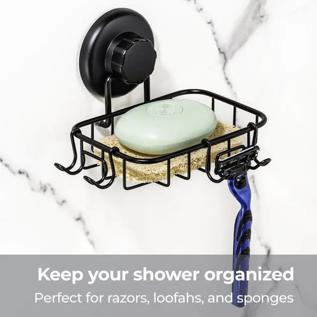 Alt view image 5 of 7 - HASKO 2 Pack Suction Cup Soap Dish for Shower Wall, Rustproof Stainless Steel, Shower Soap Holder with Hooks, Includes Optional No Drill Adhesive Mount for Bathroom, 2 Soap Savers, Black