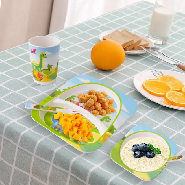 Alt view image 2 of 6 - Bamboo Toddler Dinnerware Set,5Pcs Baby Plates and Bowls,Bamboo Kids Plates and Bowls Set,Kids Dishes Dinnerware Sets with Plate,Bowl,Cup,Fork and Spoon (Tyrannosaurus)