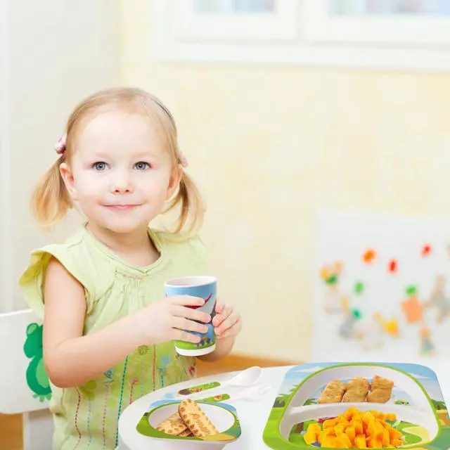 Alt view image 4 of 6 - Bamboo Toddler Dinnerware Set,5Pcs Baby Plates and Bowls,Bamboo Kids Plates and Bowls Set,Kids Dishes Dinnerware Sets with Plate,Bowl,Cup,Fork and Spoon (Tyrannosaurus)