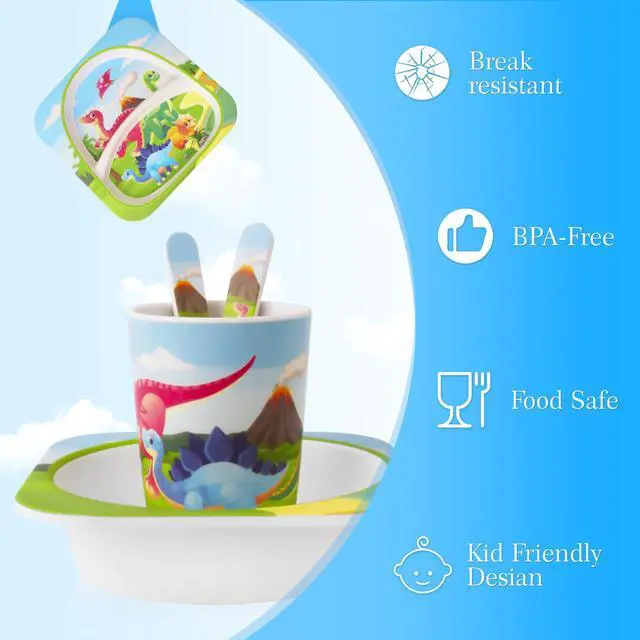 Alt view image 5 of 6 - Bamboo Toddler Dinnerware Set,5Pcs Baby Plates and Bowls,Bamboo Kids Plates and Bowls Set,Kids Dishes Dinnerware Sets with Plate,Bowl,Cup,Fork and Spoon (Tyrannosaurus)