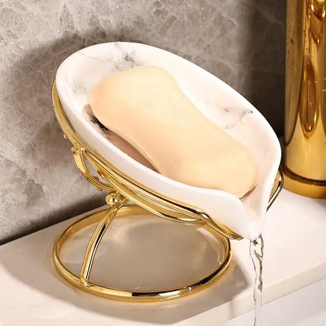 Main image of Leaf-Shaped Ceramic Soap Dish with Drain, Holder, Saver, Tray, Bar Soap Holder, Easy Cleaning, for Shower Bathroom Kitchen Sink Bathtub, Pro-Environment White