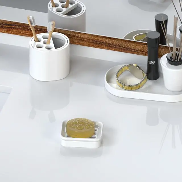 Alt view image 2 of 7 - 2-Piece Composite Granite Soap Dish for Shower - Elegant Stone-Look Bar Soap Holder with Strainer - Durable & Non-Porous Soap Tray for Bathroom and Kitchen Sink, Easy Clean (White)