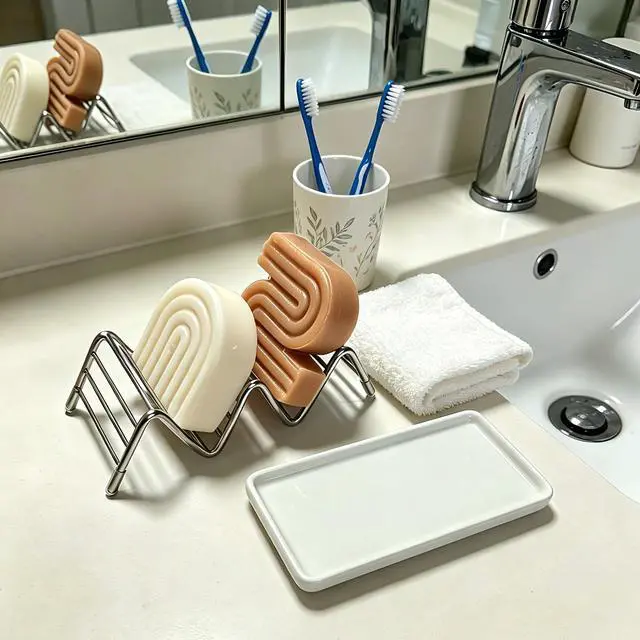Alt view image 2 of 7 - Soap Dish, Stainless Steel Self Draining Shower Bar Soap Holder with Ceramic Dish Tray, W Style Soap Saver for Bathroom, Sink, Kitchen and Countertop(White)