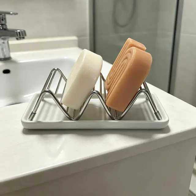 Alt view image 3 of 7 - Soap Dish, Stainless Steel Self Draining Shower Bar Soap Holder with Ceramic Dish Tray, W Style Soap Saver for Bathroom, Sink, Kitchen and Countertop(White)