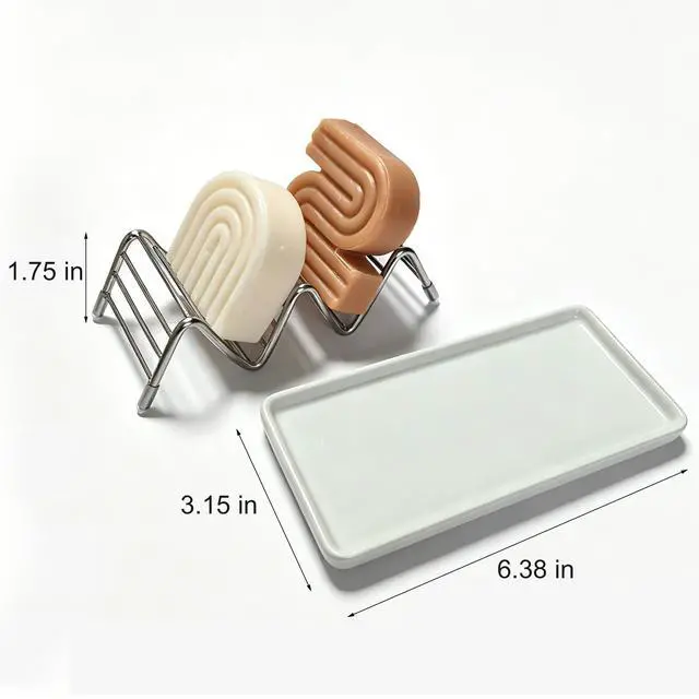 Alt view image 4 of 7 - Soap Dish, Stainless Steel Self Draining Shower Bar Soap Holder with Ceramic Dish Tray, W Style Soap Saver for Bathroom, Sink, Kitchen and Countertop(White)