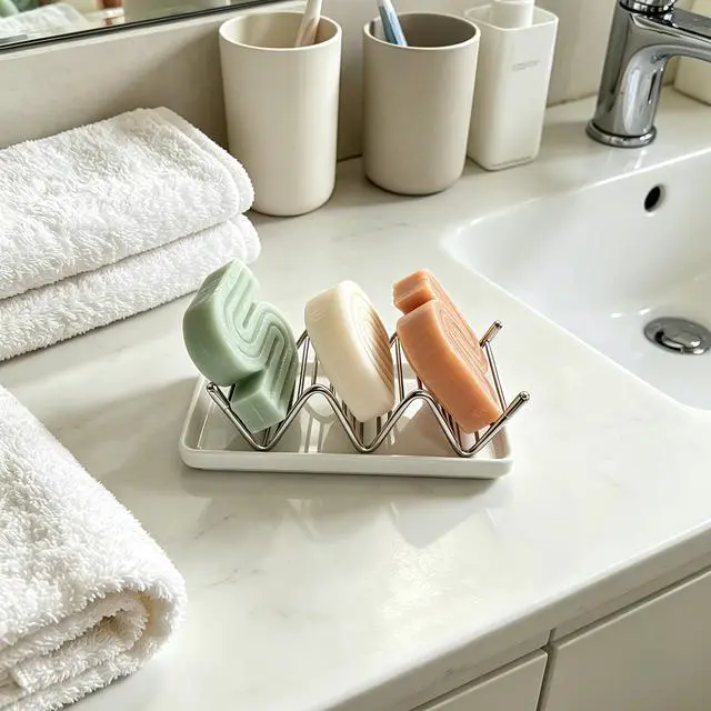 Alt view image 5 of 7 - Soap Dish, Stainless Steel Self Draining Shower Bar Soap Holder with Ceramic Dish Tray, W Style Soap Saver for Bathroom, Sink, Kitchen and Countertop(White)