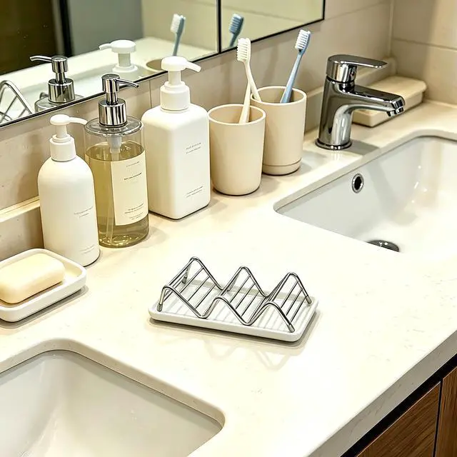 Alt view image 6 of 7 - Soap Dish, Stainless Steel Self Draining Shower Bar Soap Holder with Ceramic Dish Tray, W Style Soap Saver for Bathroom, Sink, Kitchen and Countertop(White)