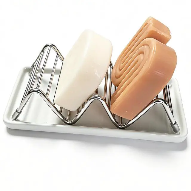 Alt view image 7 of 7 - Soap Dish, Stainless Steel Self Draining Shower Bar Soap Holder with Ceramic Dish Tray, W Style Soap Saver for Bathroom, Sink, Kitchen and Countertop(White)