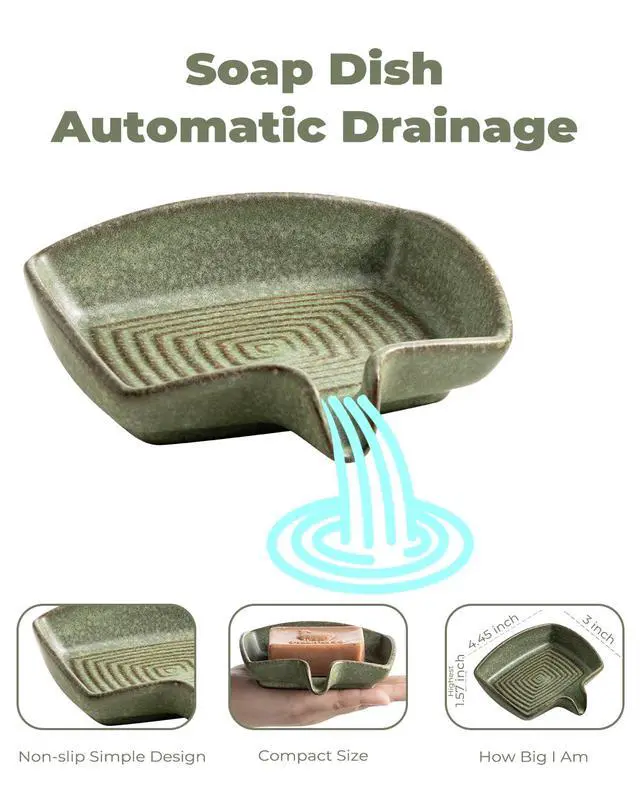Alt view image 2 of 5 - Self Draining Soap Dish, Ceramic Drain Soap Holder Waterfall Design Soap Saver for Shower, Bathroom, Sink, Kitchen and Countertop, Keeps Dry, Green