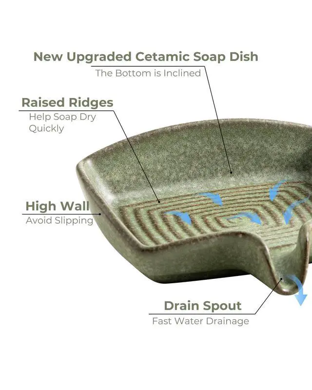Alt view image 4 of 5 - Self Draining Soap Dish, Ceramic Drain Soap Holder Waterfall Design Soap Saver for Shower, Bathroom, Sink, Kitchen and Countertop, Keeps Dry, Green