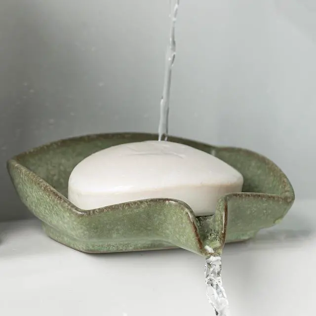 Main image of Self Draining Soap Dish, Ceramic Drain Soap Holder Waterfall Design Soap Saver for Shower, Bathroom, Sink, Kitchen and Countertop, Keeps Dry, Green