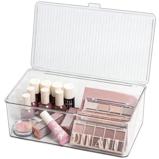 Alt view image 3 of 7 - Clear Plastic Storage Bin with Lid, Makeuo Holder, Fridge Organizer, Refrigerator Organizers and Storage, Small Container for Pantry, Office, Dresser, Bathroom, Kitchen, Snack