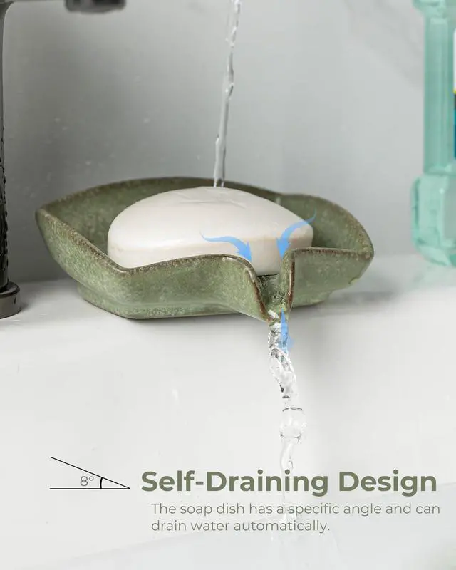 Alt view image 3 of 5 - Self Draining Soap Dish, Ceramic Drain Soap Holder Waterfall Design Soap Saver for Shower, Bathroom, Sink, Kitchen and Countertop, Keeps Dry, Green