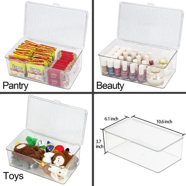 Alt view image 2 of 7 - Clear Plastic Storage Bin with Lid, Makeuo Holder, Fridge Organizer, Refrigerator Organizers and Storage, Small Container for Pantry, Office, Dresser, Bathroom, Kitchen, Snack
