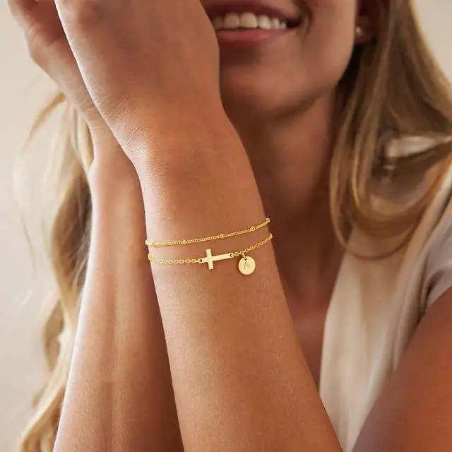 Alt view image 2 of 7 - Initial Cross Bracelet for Women - Christian Gifts for Women, Dainty Initial Cross Bracelet Jewelry Layered Disc Letter A Bracelets Gift for Christians, Baptism Gift for Woman