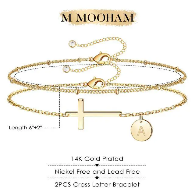Alt view image 6 of 7 - Initial Cross Bracelet for Women - Christian Gifts for Women, Dainty Initial Cross Bracelet Jewelry Layered Disc Letter A Bracelets Gift for Christians, Baptism Gift for Woman
