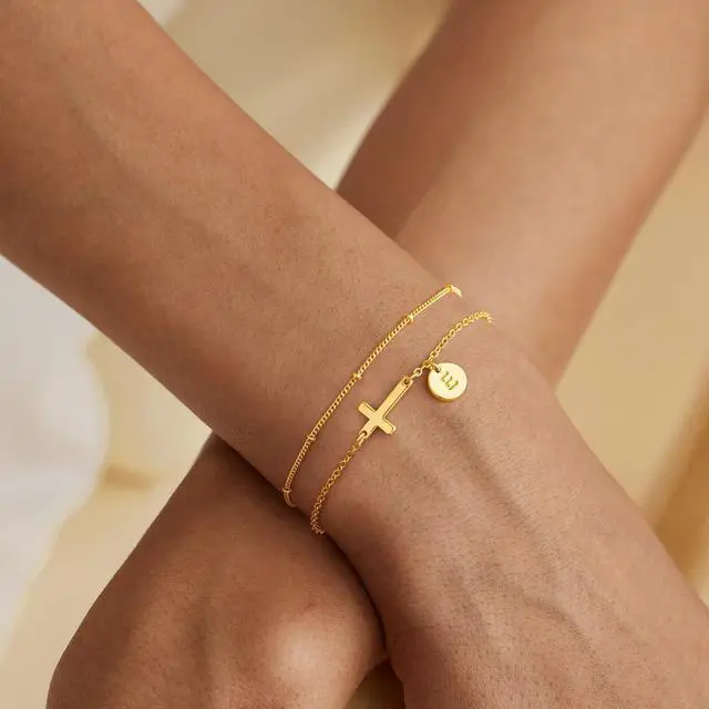 Alt view image 3 of 7 - Initial Cross Bracelet for Women - Christian Gifts for Women, Dainty Initial Cross Bracelet Jewelry Layered Disc Letter A Bracelets Gift for Christians, Baptism Gift for Woman