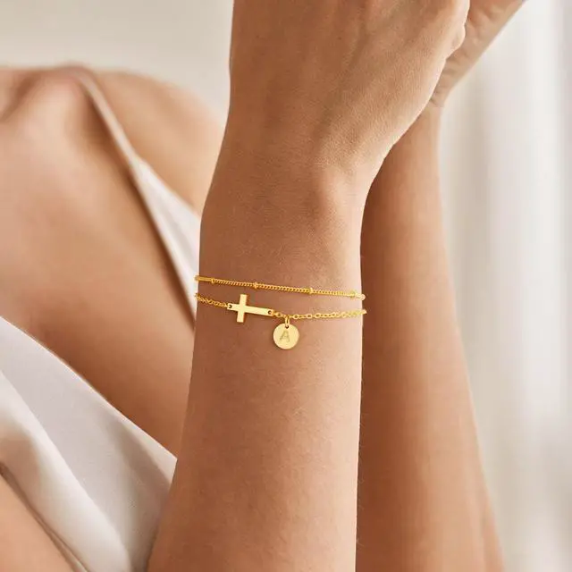 Alt view image 4 of 7 - Initial Cross Bracelet for Women - Christian Gifts for Women, Dainty Initial Cross Bracelet Jewelry Layered Disc Letter A Bracelets Gift for Christians, Baptism Gift for Woman