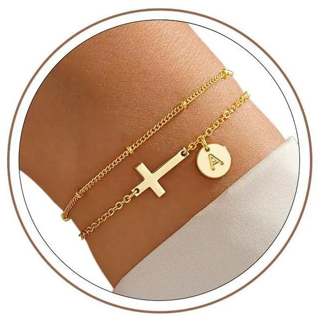 Main image of Initial Cross Bracelet for Women - Christian Gifts for Women, Dainty Initial Cross Bracelet Jewelry Layered Disc Letter A Bracelets Gift for Christians, Baptism Gift for Woman