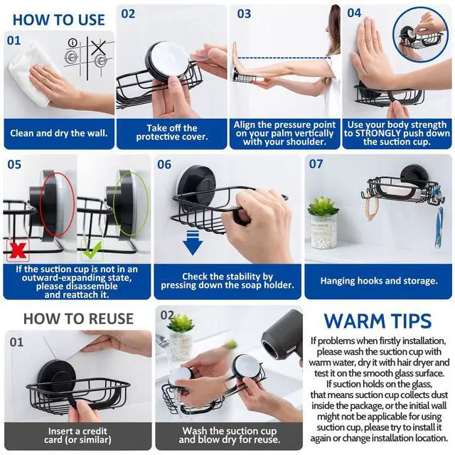 Alt view image 5 of 7 - Soap Dish, Soap Bar Holder for Shower Suction Cup with 4 Hooks Wall Mounted, Stainless Steel No-Drilling Removable Waterproof Sponge Holder for Bathroom Bathtub Kitchen Sink, Black