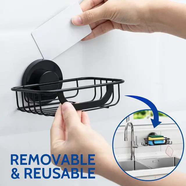 Alt view image 7 of 7 - Soap Dish, Soap Bar Holder for Shower Suction Cup with 4 Hooks Wall Mounted, Stainless Steel No-Drilling Removable Waterproof Sponge Holder for Bathroom Bathtub Kitchen Sink, Black