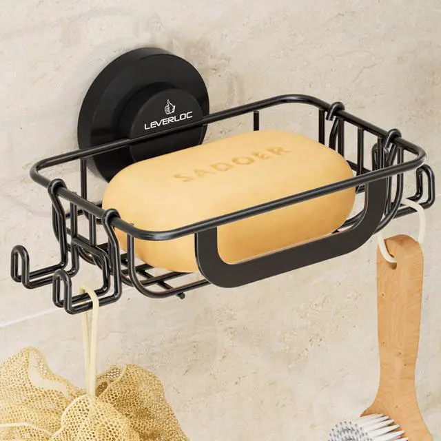 Main image of Bar Soap Holder for Shower with Hooks, Suction Cup Soap Dish Rustproof Stainless Steel for Bathroom Accessories, Sponge Saver Black