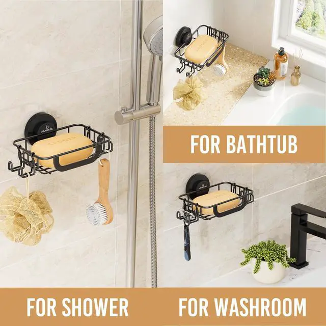 Alt view image 3 of 7 - Bar Soap Holder for Shower with Hooks, Suction Cup Soap Dish Rustproof Stainless Steel for Bathroom Accessories, Sponge Saver Black