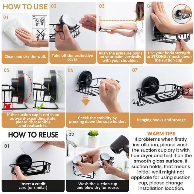Alt view image 4 of 7 - Bar Soap Holder for Shower with Hooks, Suction Cup Soap Dish Rustproof Stainless Steel for Bathroom Accessories, Sponge Saver Black