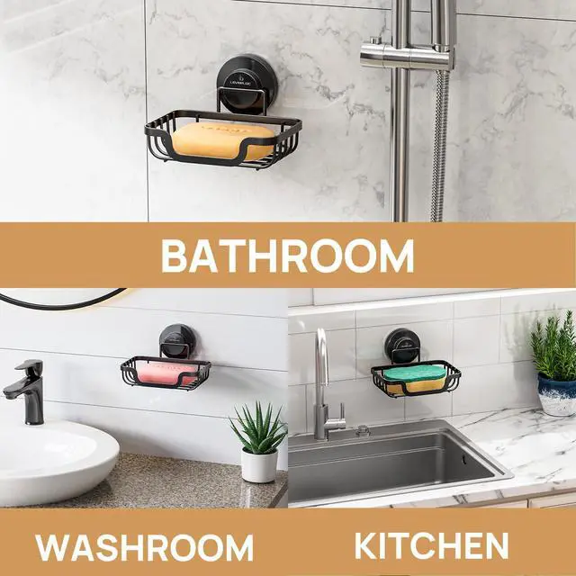 Alt view image 4 of 7 - Soap Dish, Soap Bar Holder for Shower Suction Cup Wall Mounted, Stainless Steel No-Drilling Removable Waterproof Sponge Holder for Bathroom Bathtub Kitchen Sink, Keep Dry, Black