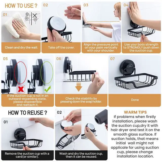 Alt view image 5 of 7 - Soap Dish, Soap Bar Holder for Shower Suction Cup Wall Mounted, Stainless Steel No-Drilling Removable Waterproof Sponge Holder for Bathroom Bathtub Kitchen Sink, Keep Dry, Black