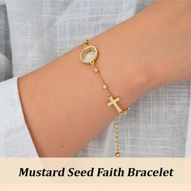 Alt view image 3 of 6 - Mustard Seed Bracelets for Women Teen Cross Gifts Christian Baptism Catholic Confirmation God Jewelry Gold