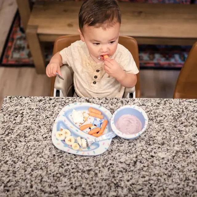 Alt view image 5 of 5 - Bluey 4-Piece Place Setting - BPA Free Dishwasher Safe Toddler Dinnerware Set with Divided Plate, Bowl, Fork, Spoon - Multicolor